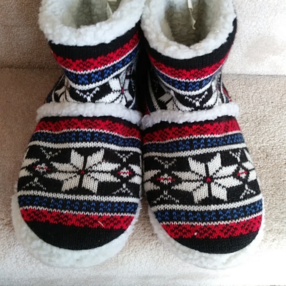 Fair Isle Faux Sherpa Bootie Snowflake Slippers XL Red White Blue Black - Picture 5 of 11